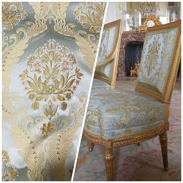 NEW Queen Antionette Novelty Ritz Neoclassical Brocade Damask Floral Satin Fabric - Louis Blue - Fancy Styles Fabric Pierre Frey Lee Jofa Brunschwig & Fils