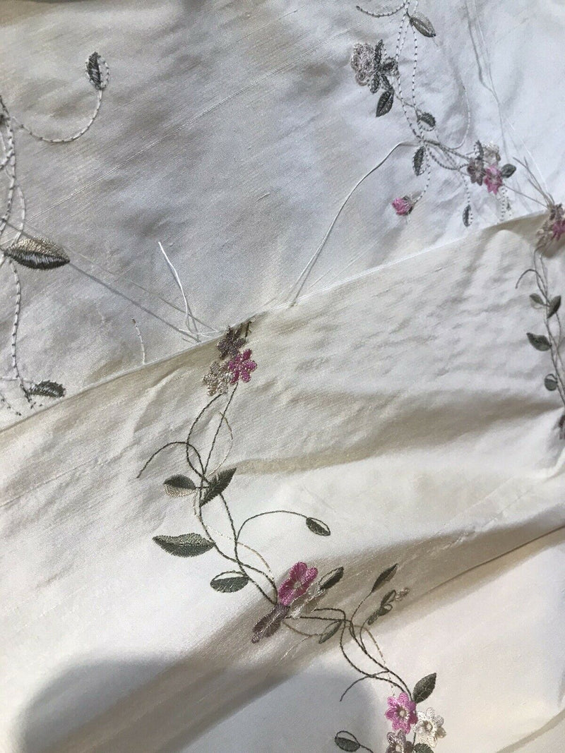 NEW! Duchess Rowena 100% Silk Dupioni Embroidery Floral Fabric- Light Beige & Pink - Fancy Styles Fabric Pierre Frey Lee Jofa Brunschwig & Fils