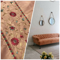 NEW! Lady Margot 100% Silk Dupioni Embroidered Floral Stripes Fabric- Burnt Peach Apricot - Fancy Styles Fabric Pierre Frey Lee Jofa Brunschwig & Fils
