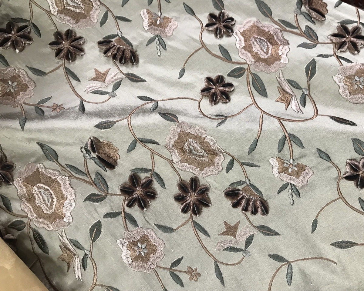 Designer 100% Silk Taffeta & Velvet Flowers Fabric Embroidery- Drapery - Beige - Fancy Styles Fabric Pierre Frey Lee Jofa