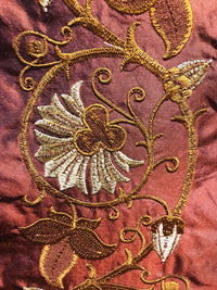 SALE! Designer 100% Silk Taffeta Embroidered Drapery Fabric - Rust Red Floral - Fancy Styles Fabric Boutique