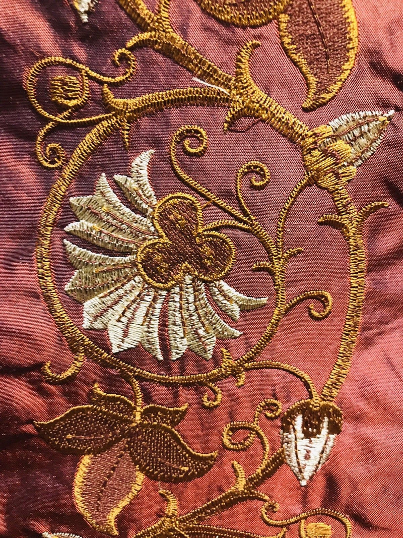 SALE! Designer 100% Silk Taffeta Embroidered Drapery Fabric - Rust Red Floral - Fancy Styles Fabric Boutique
