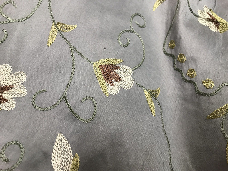 SALE! Designer 100% Silk Taffeta Embroidered Fabric - French Antique Blue - Fancy Styles Fabric Boutique