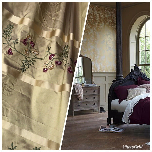 Princess Harriet Designer 100% Silk Taffeta Dupioni Embroidery Floral Fabric -Gold - Fancy Styles Fabric Pierre Frey Lee Jofa Brunschwig & Fils