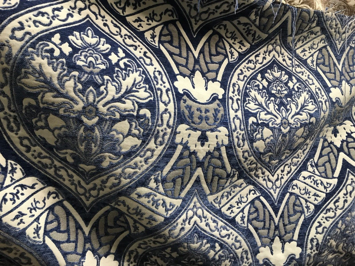 SWATCH Double Sided Burnout Chenille Velvet Fabric- Blue Upholstery Damask - Fancy Styles Fabric Boutique