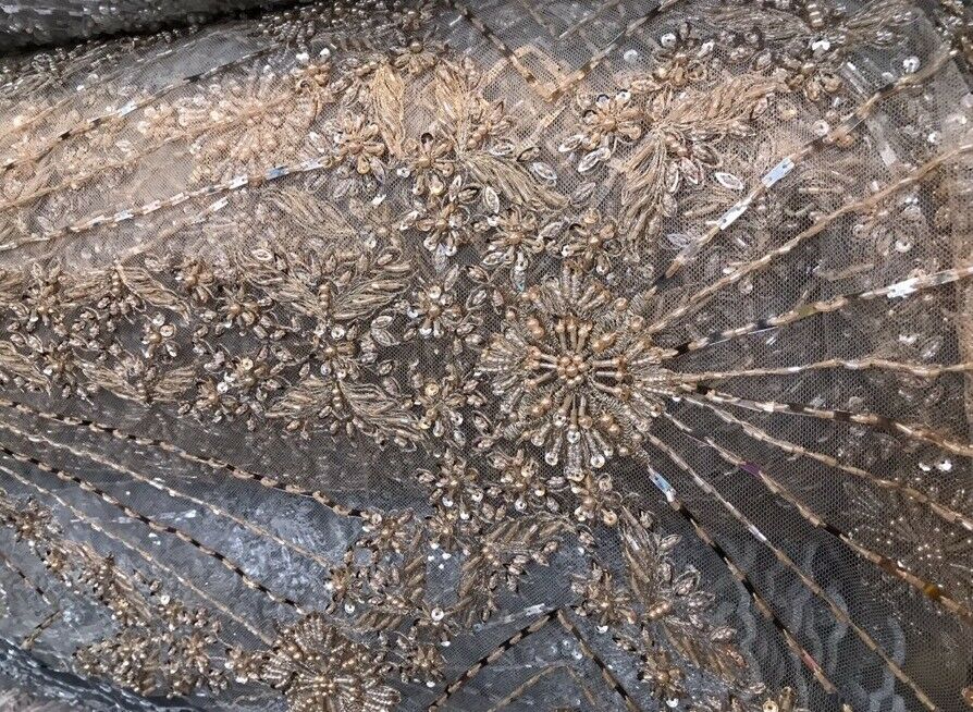 Beaded Pearl Scalloped Edges Wedding Lace Mesh Gold Silver Fabric - Fancy Styles Fabric Pierre Frey Lee Jofa Brunschwig & Fils