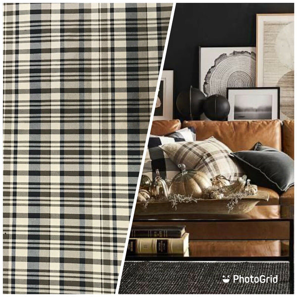 NEW Designer 100% Silk Taffeta Plaid Tartan Fabric- Black Taupe Cream - Fancy Styles Fabric Pierre Frey Lee Jofa Brunschwig & Fils