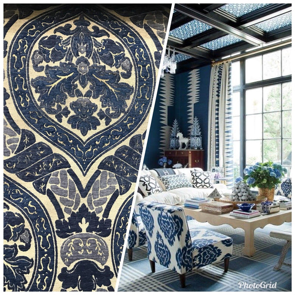 SWATCH Double Sided Burnout Chenille Velvet Fabric- Blue Upholstery Damask - Fancy Styles Fabric Boutique