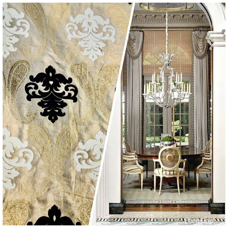 SWATCH Brocade Fabric- Antique Cream, Gold, Black- Damask Interior Design - Fancy Styles Fabric Pierre Frey Lee Jofa Brunschwig & Fils
