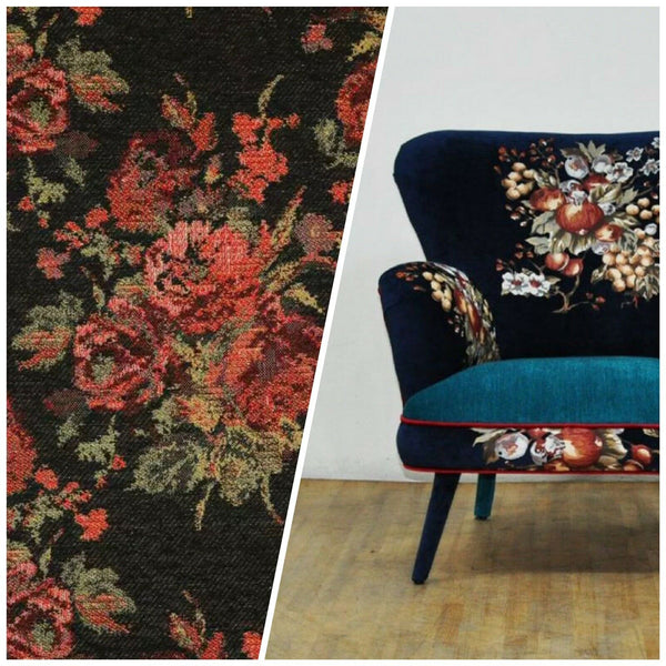 NEW Miss Juniper Designer Floral Needlepoint Inspired Upholstery Fabric- Black & Roses - Fancy Styles Fabric Pierre Frey Lee Jofa Brunschwig & Fils