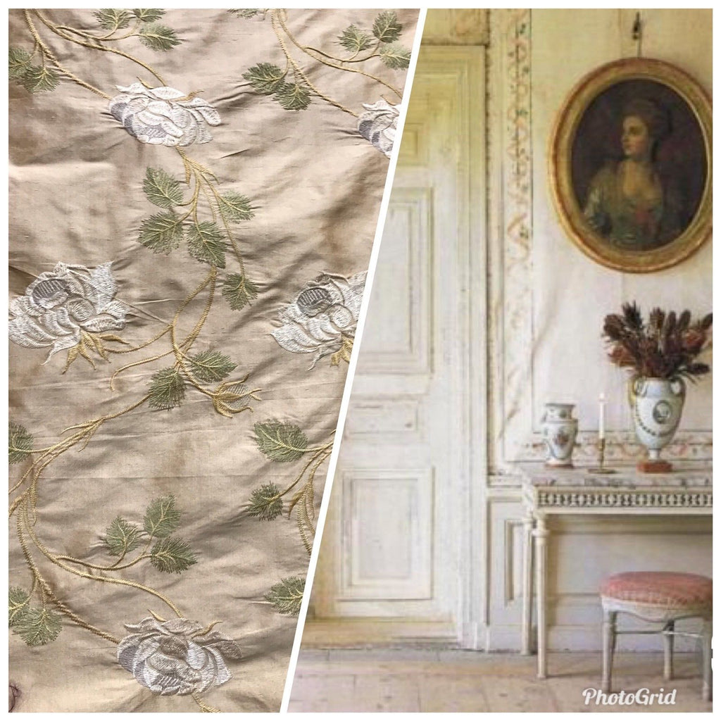 Designer 100% Silk Taffeta Embroidery Fabric - Antique Light Pink Beige Floral - Fancy Styles Fabric Pierre Frey Lee Jofa