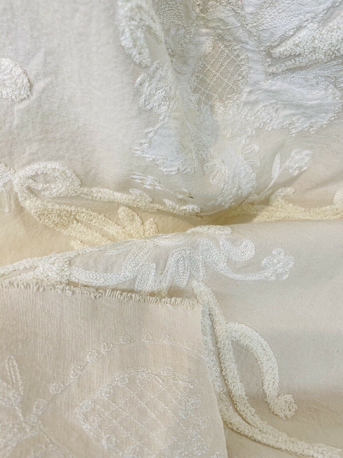 NEW! Lady Nora Novelty 100% Silk Fabric With Crewel Floral Embroidery- Ecru & White - Fancy Styles Fabric Pierre Frey Lee Jofa Brunschwig & Fils