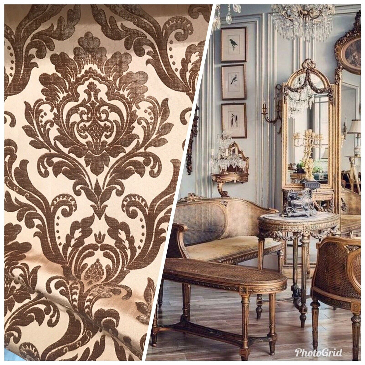 Queen Isabella Designer Damask Burnout Chenille Velvet Fabric - Taupe BTY - Fancy Styles Fabric Pierre Frey Lee Jofa Brunschwig & Fils