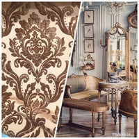Queen Isabella Designer Damask Burnout Chenille Velvet Fabric - Taupe BTY - Fancy Styles Fabric Pierre Frey Lee Jofa Brunschwig & Fils