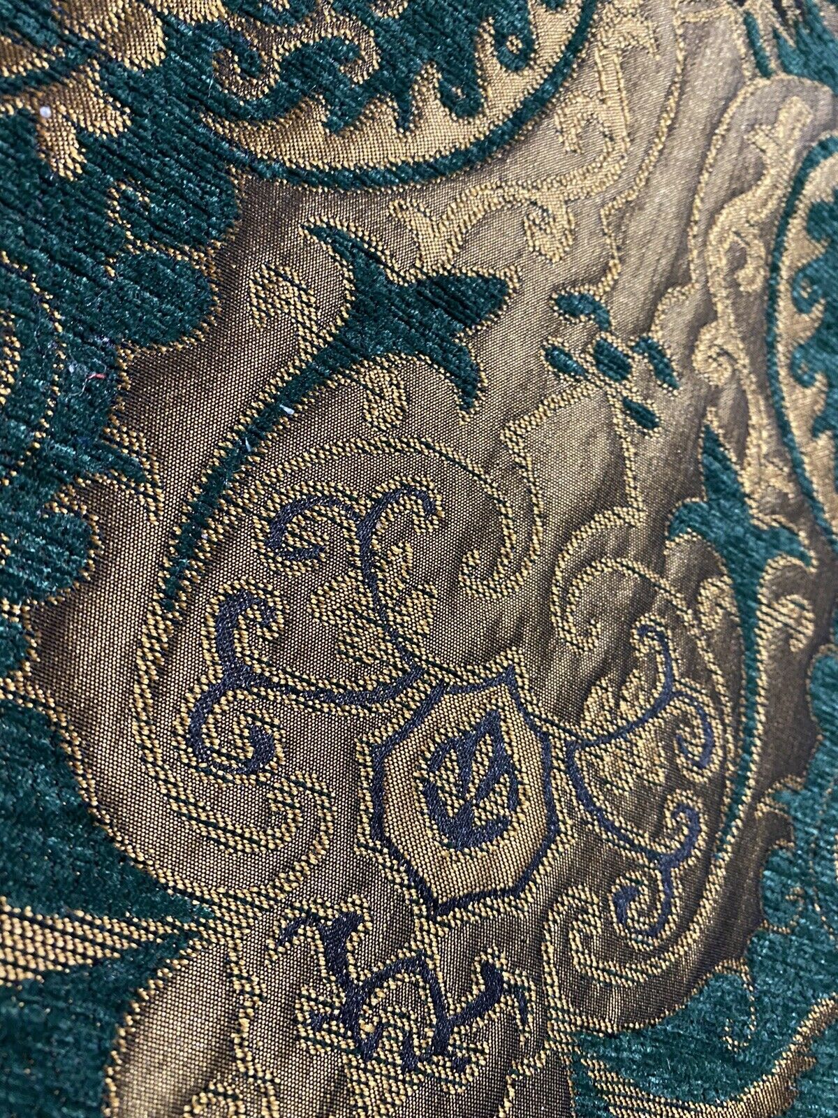 NEW Lady Emile Designer Damask Burnout Chenille Velvet Fabric - Green & Metallic Gold BTY - Fancy Styles Fabric Pierre Frey Lee Jofa Brunschwig & Fils