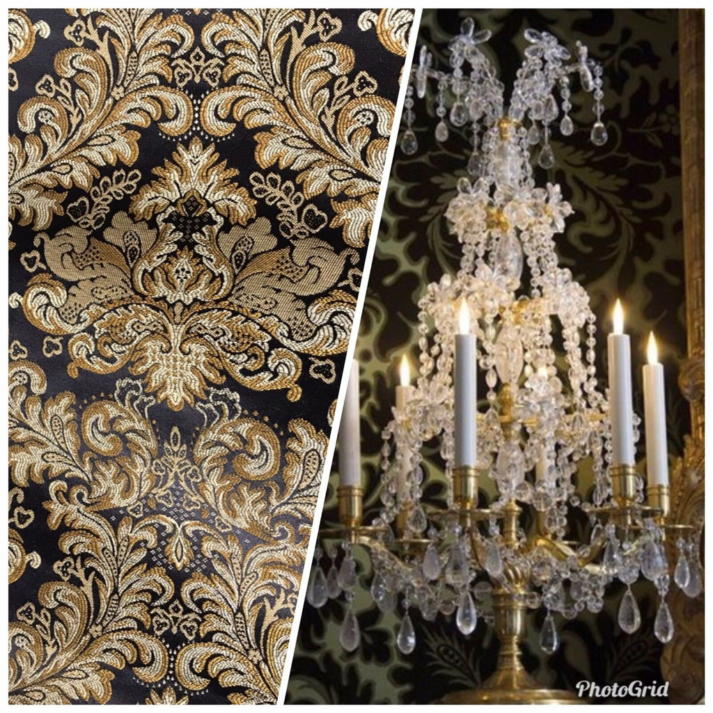 Prince Liam Neoclassical Brocade Satin Fabric Black Gold Upholstery Damask LLPBK0003 - Fancy Styles Fabric Pierre Frey Lee Jofa Brunschwig & Fils