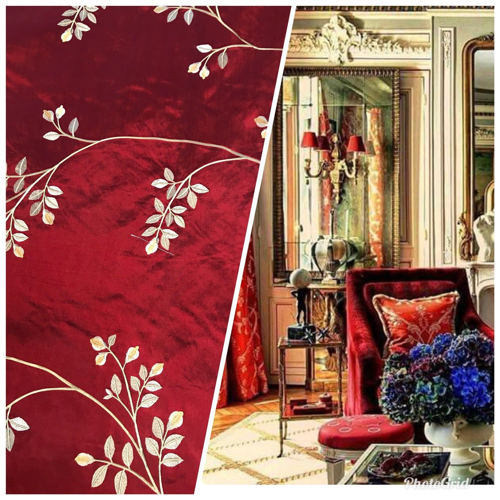 NEW! SALE! 100% Silk Taffeta Embroidered Floral Motif Fabric - Dark Red - Fancy Styles Fabric Boutique