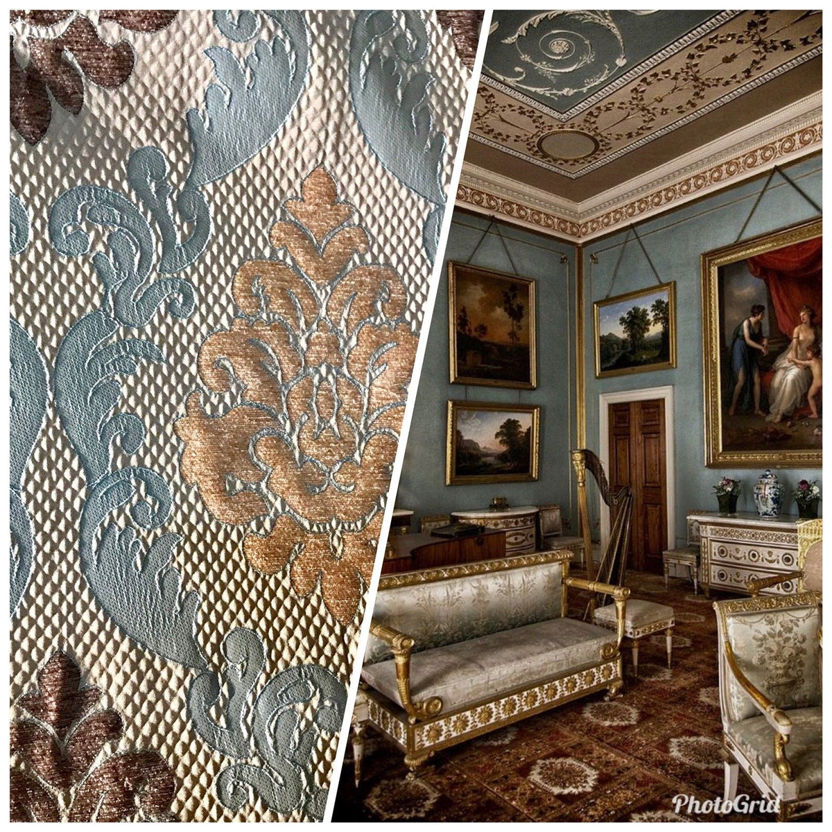 NEW Eggshell Blue-Brown Satin & Cut Chenille Velvet Brocade Upholstery Fabric - Fancy Styles Fabric Boutique