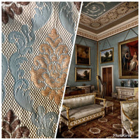 NEW Eggshell Blue-Brown Satin & Cut Chenille Velvet Brocade Upholstery Fabric - Fancy Styles Fabric Boutique