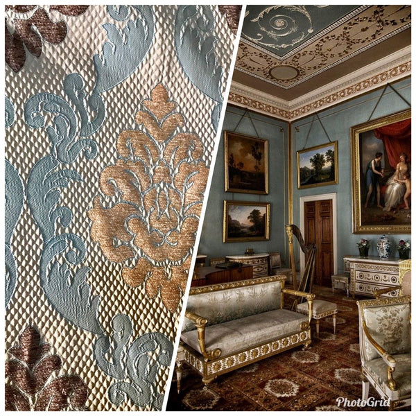 NEW Eggshell Blue-Brown Satin & Cut Chenille Velvet Brocade Upholstery Fabric - Fancy Styles Fabric Boutique