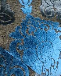 Prince John Novelty Italian Burnout Upholstery Chenille Velvet Fabric- Blue Gold - Fancy Styles Fabric Pierre Frey Lee Jofa Brunschwig & Fils