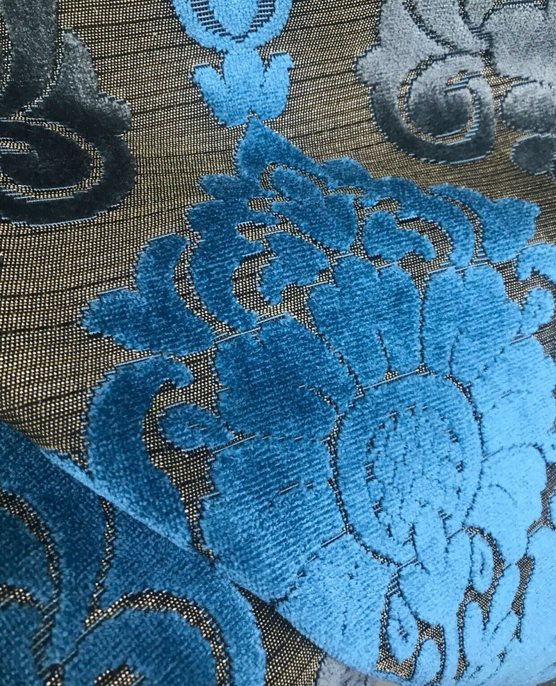Prince John Novelty Italian Burnout Upholstery Chenille Velvet Fabric- Blue Gold - Fancy Styles Fabric Pierre Frey Lee Jofa Brunschwig & Fils