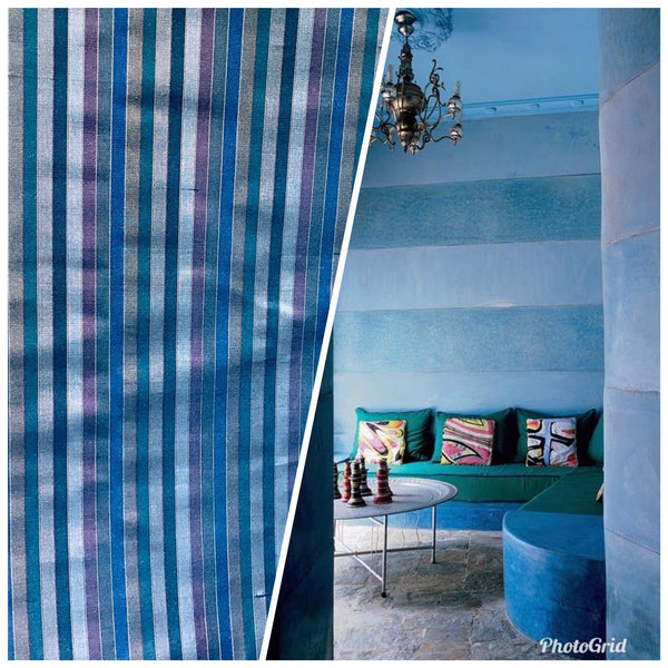 NEW 100% Silk Taffeta Fabric Blue Multicolor Stripes - Fancy Styles Fabric Pierre Frey Lee Jofa Brunschwig & Fils