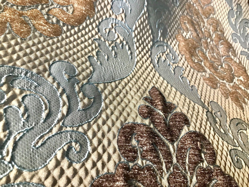 SWATCH Eggshell Blue-Brown Satin & Cut Chenille Velvet Brocade Upholstery Fabric - Fancy Styles Fabric Boutique