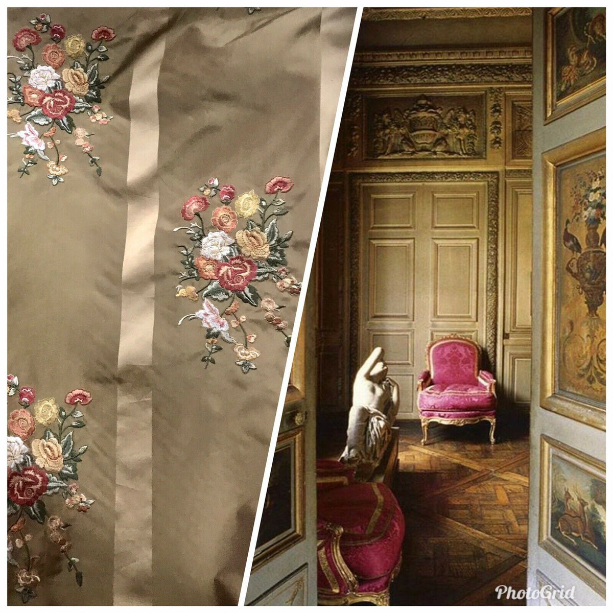 NEW Designer 100% Silk Taffeta Dupioni Decorating Fabric Embroidery Floral Gold - Fancy Styles Fabric Pierre Frey Lee Jofa Brunschwig & Fils