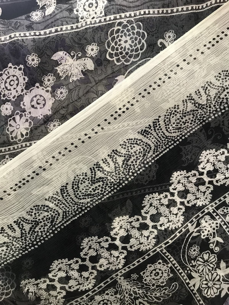 NEW! 100% Silk Chiffon Fabric Bohemian Black And White Floral - By The Yard - Fancy Styles Fabric Pierre Frey Lee Jofa Brunschwig & Fils