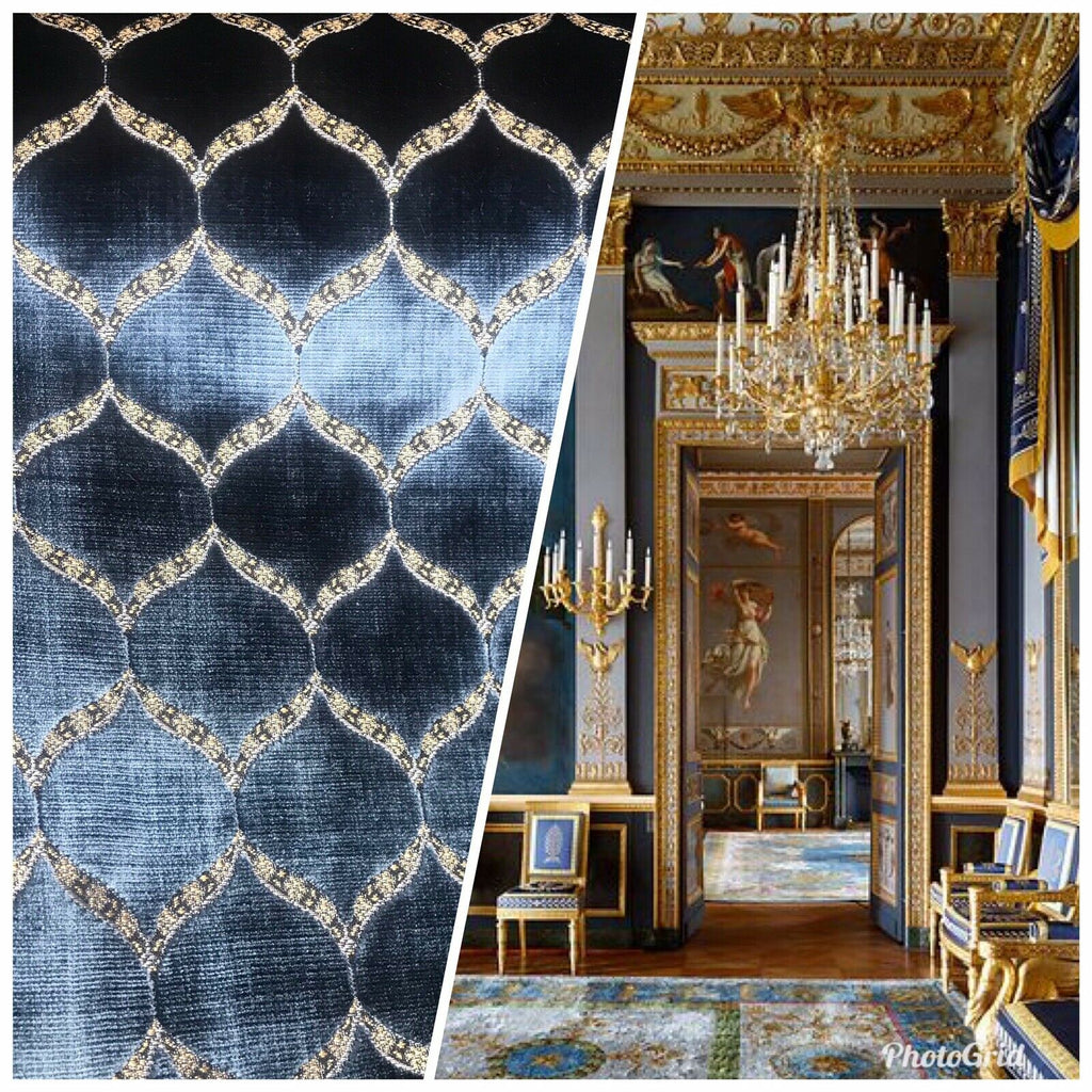 King Mark Novelty Designer Italian Burnout Geometric Velvet Fabric - Upholstery- Blue G7 - Fancy Styles Fabric Pierre Frey Lee Jofa Brunschwig & Fils