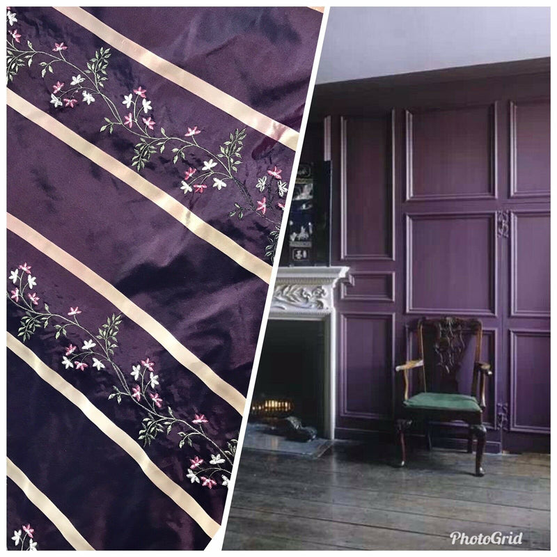 SALE! Princess Harriet Designer 100% Silk Taffeta Embroidery Fabric Purple 55” Wide - Fancy Styles Fabric Pierre Frey Lee Jofa Brunschwig & Fils