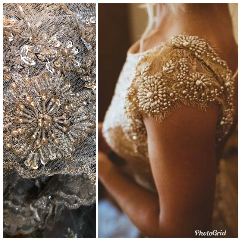 Beaded Pearl Scalloped Edges Wedding Lace Mesh Gold Silver Fabric - Fancy Styles Fabric Pierre Frey Lee Jofa Brunschwig & Fils