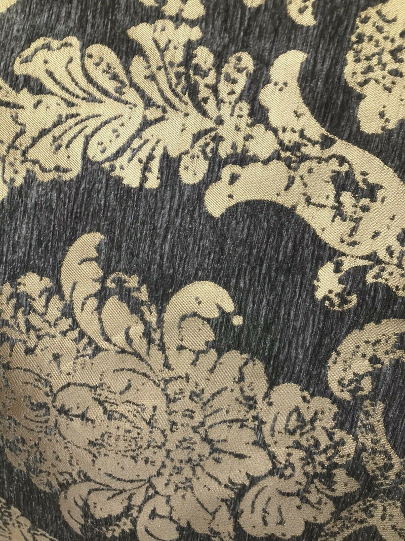 Lord Augustin Designer Velvet Chenille Burnout Damask Upholstery Fabric - Gray & Gold - Fancy Styles Fabric Pierre Frey Lee Jofa Brunschwig & Fils