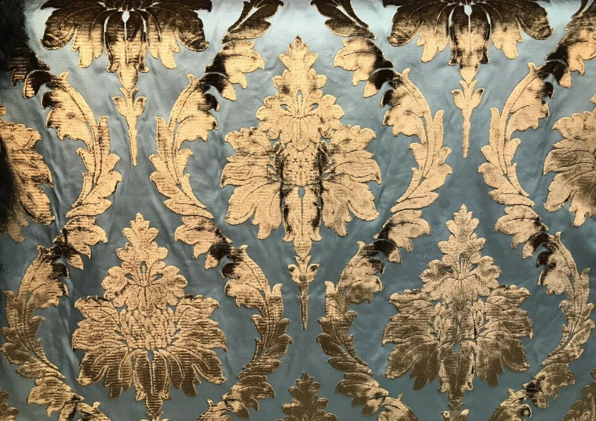 Emperor Walter Designer Italian Burnout Damask Chenille Blue Bronze Fabric Upholstery - Fancy Styles Fabric Pierre Frey Lee Jofa Brunschwig & Fils