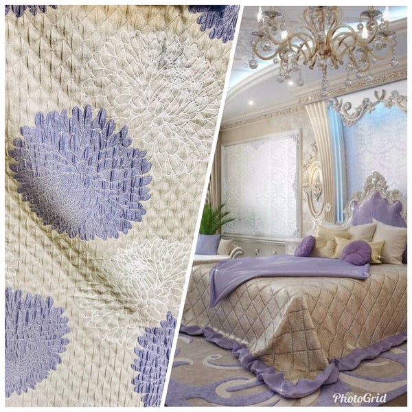 NEW Designer Quilted Satin Brocade Fabric - Floral- Lavender & Ivory - Fancy Styles Fabric Boutique