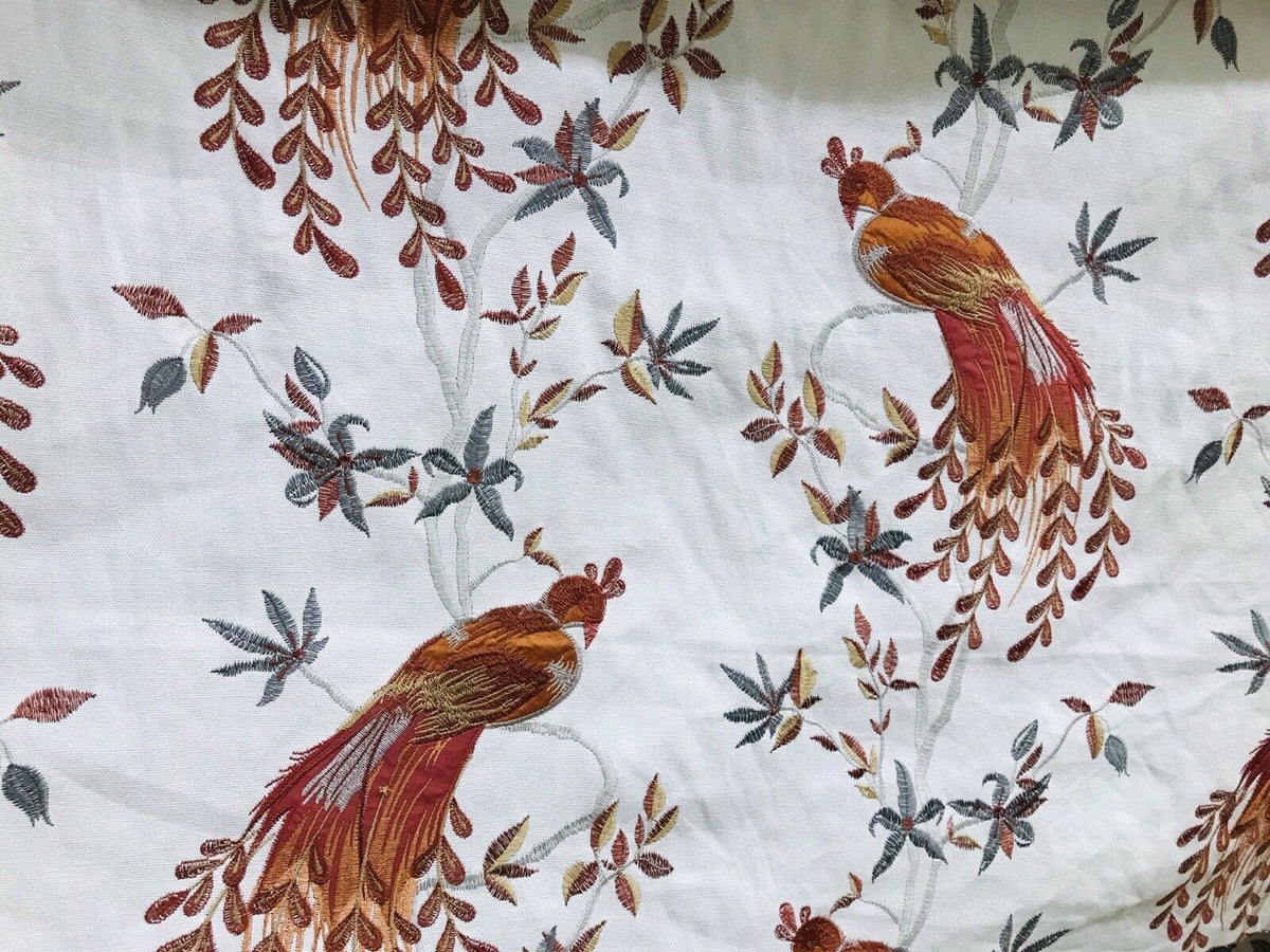 NEW! Lady Patrice Designer Embroidered Peacock Drapery Fabric  - Rust Orange Blue-Grey G11 - Fancy Styles Fabric Pierre Frey Lee Jofa Brunschwig & Fils