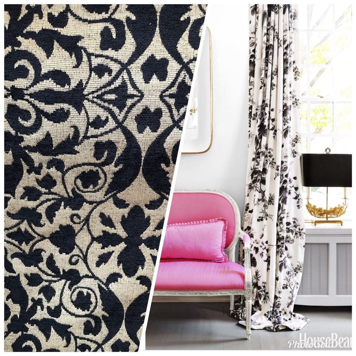 Designer Velvet Chenille Burnout Fabric - Black Flax Floral - Fancy Styles Fabric Pierre Frey Lee Jofa Brunschwig & Fils