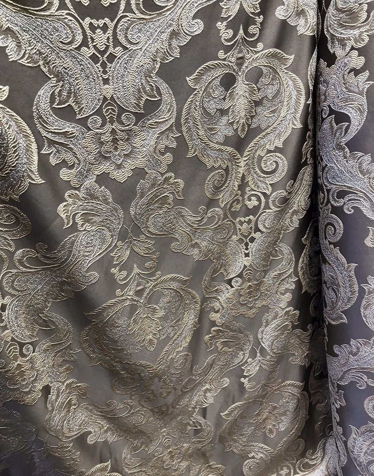 SWATCH 8” x 8” Sample- Designer Brocade Satin Fabric- Gray Silver Gold - Damask - Fancy Styles Fabric Pierre Frey Lee Jofa Brunschwig & Fils