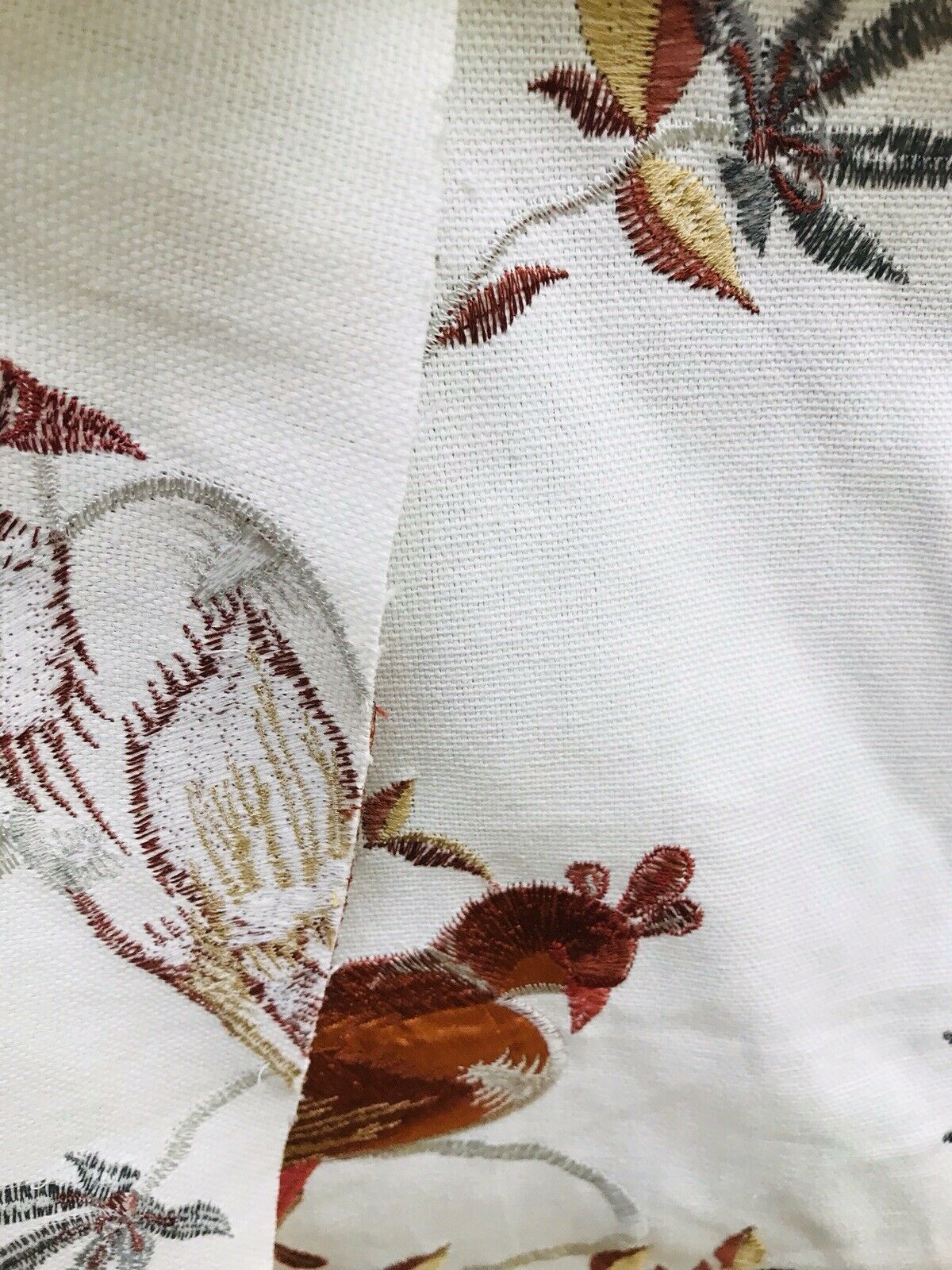 NEW! Lady Patrice Designer Embroidered Peacock Drapery Fabric  - Rust Orange Blue-Grey G11 - Fancy Styles Fabric Pierre Frey Lee Jofa Brunschwig & Fils