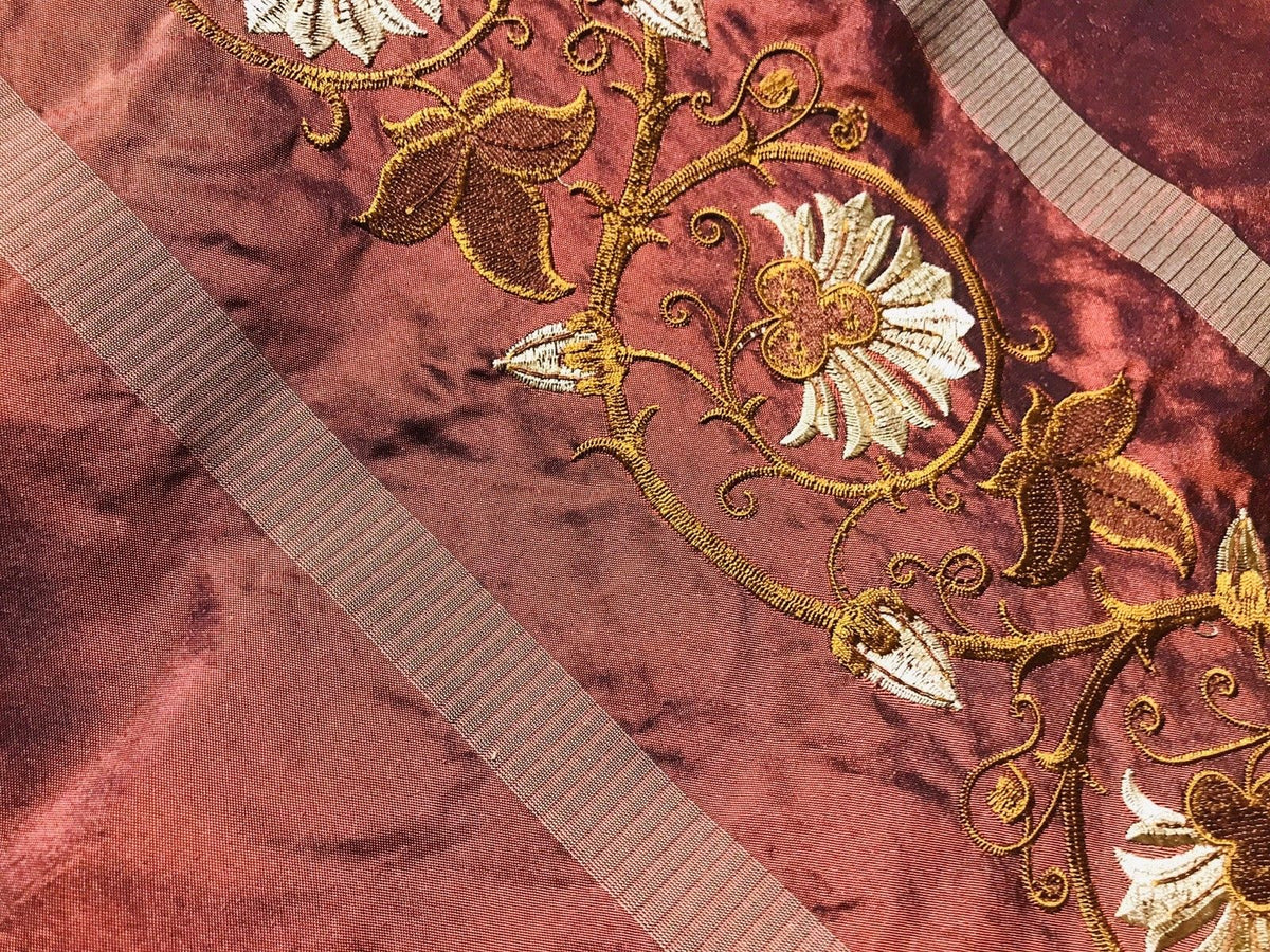 SALE! Designer 100% Silk Taffeta Embroidered Drapery Fabric - Rust Red Floral - Fancy Styles Fabric Boutique