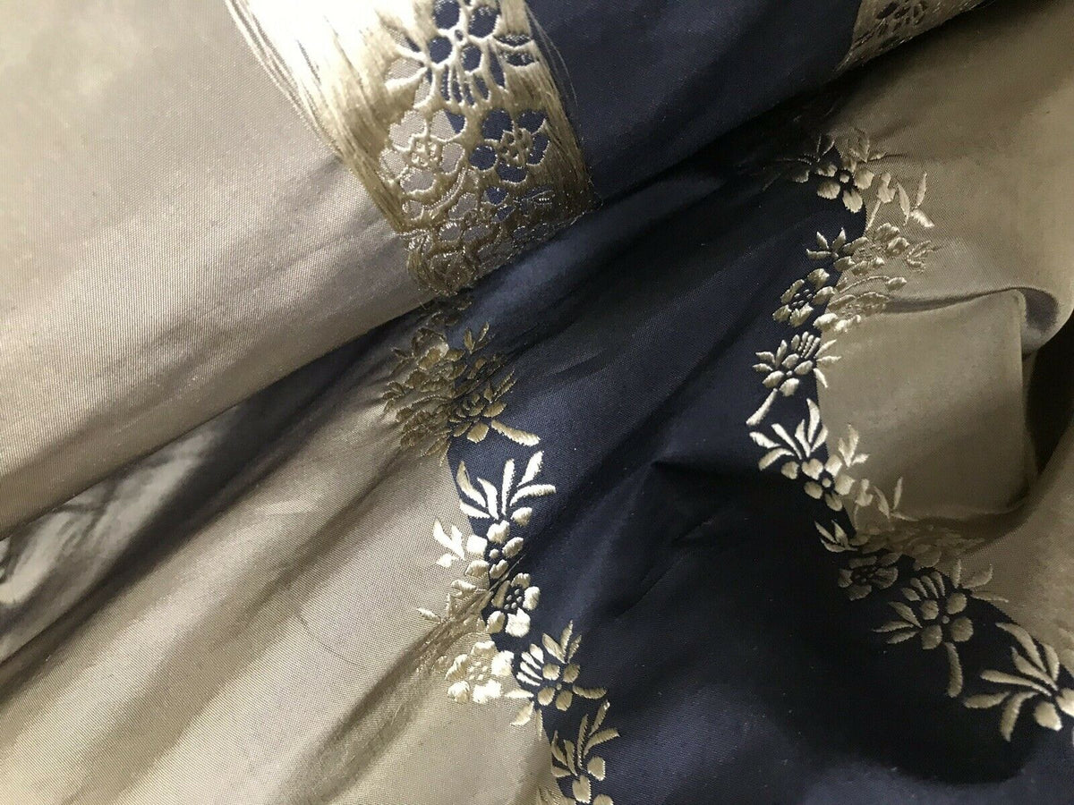 NEW! Lady Kristen 100% Silk Taffeta Embroidered Stripe Floral Fabric- Khaki Black Gold - Fancy Styles Fabric Pierre Frey Lee Jofa Brunschwig & Fils