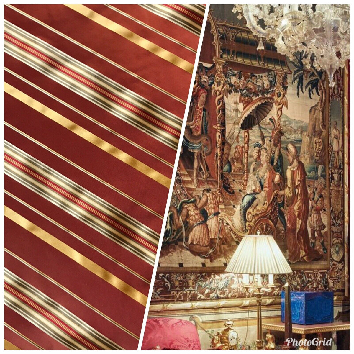 NEW! Lady Grace 100% Silk Taffeta Dupioni Fabric -Red & Gold Stripes - Fancy Styles Fabric Pierre Frey Lee Jofa Brunschwig & Fils