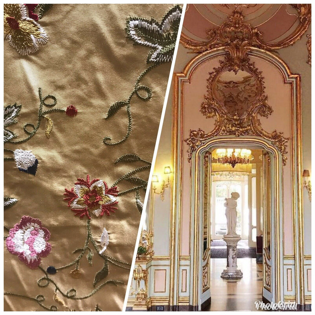 100% Lady Melody Silk Taffeta Dupioni Decorating Fabric Embroidery Floral Gold - Fancy Styles Fabric Pierre Frey Lee Jofa Brunschwig & Fils