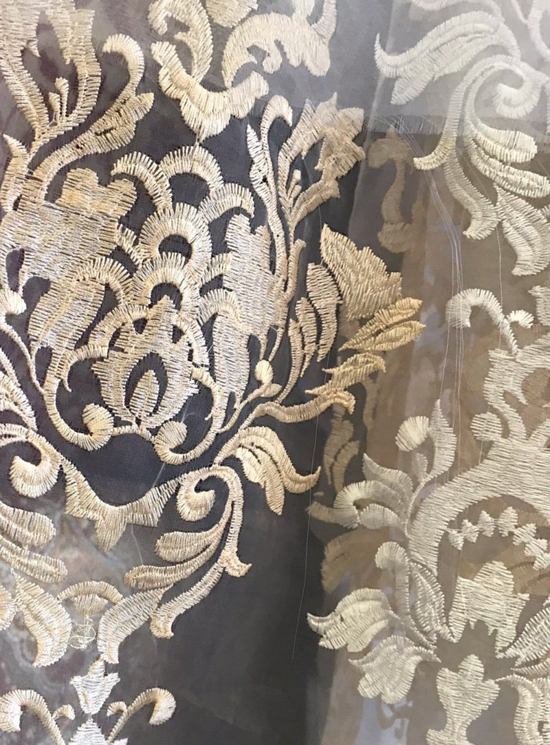 SALE 112” Wide Sheer Voile Drapery Fabric Interior Decorating- Taupe Embroidery - Fancy Styles Fabric Boutique