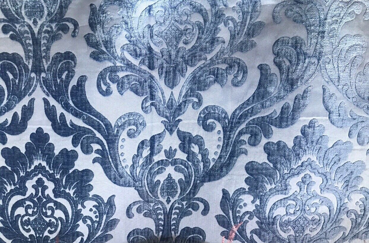 Queen Isabella Designer Damask Burnout Chenille Velvet Fabric - Jewel Blue BTY - Fancy Styles Fabric Pierre Frey Lee Jofa Brunschwig & Fils