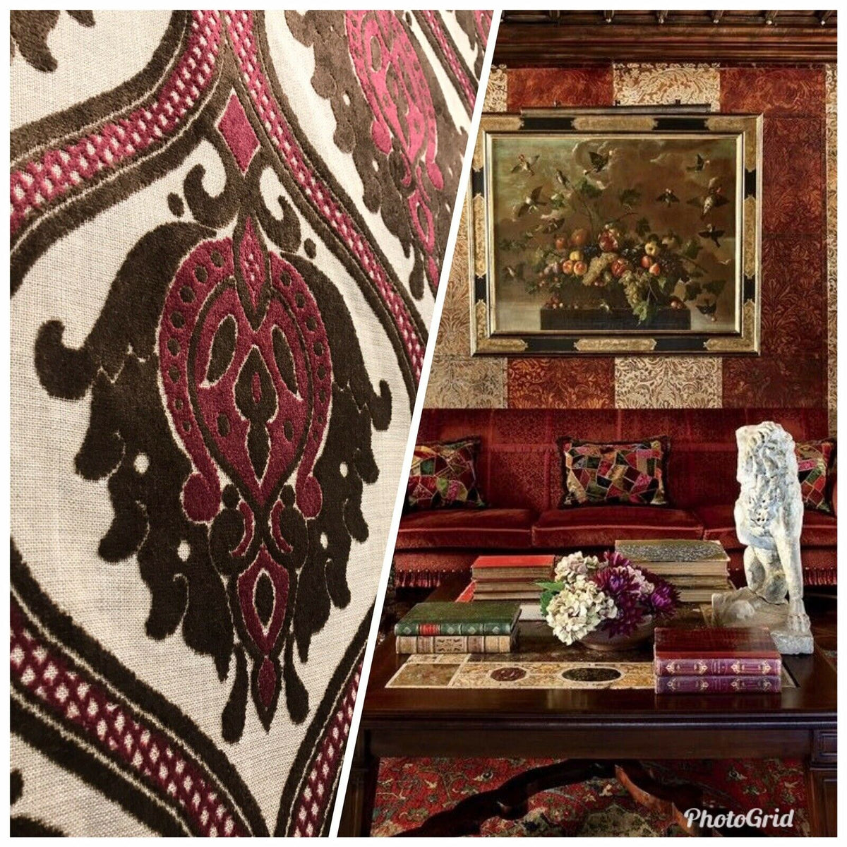 Dophin Jean Designer Belgium Burnout Damask Chenille Velvet Fabric Upholstery- Wine - Fancy Styles Fabric Pierre Frey Lee Jofa Brunschwig & Fils