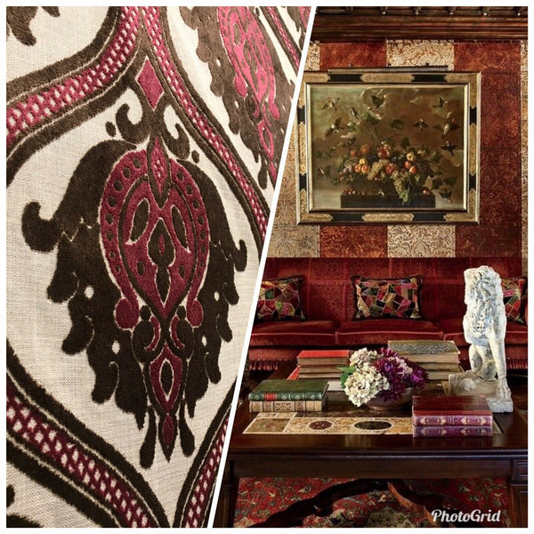 Dophin Jean Designer Belgium Burnout Damask Chenille Velvet Fabric Upholstery- Wine - Fancy Styles Fabric Pierre Frey Lee Jofa Brunschwig & Fils