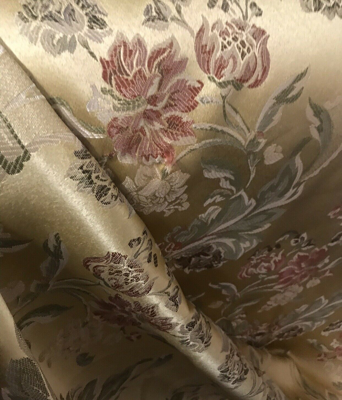 NEW SALE 110” Wide Princess Holly Designer Brocade Satin Fabric- Antique Yellow Gold Floral Damask - Fancy Styles Fabric Pierre Frey Lee Jofa Brunschwig & Fils