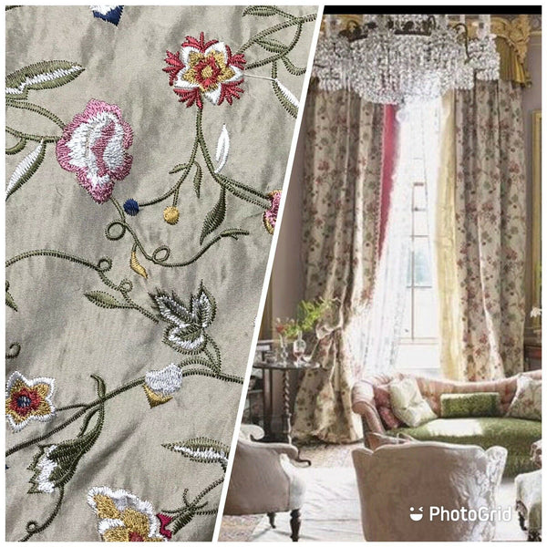 NEW! Lady Melody Designer 100% Silk Dupioni Embroidery Floral Fabric- Taupe - Fancy Styles Fabric Pierre Frey Lee Jofa Brunschwig & Fils